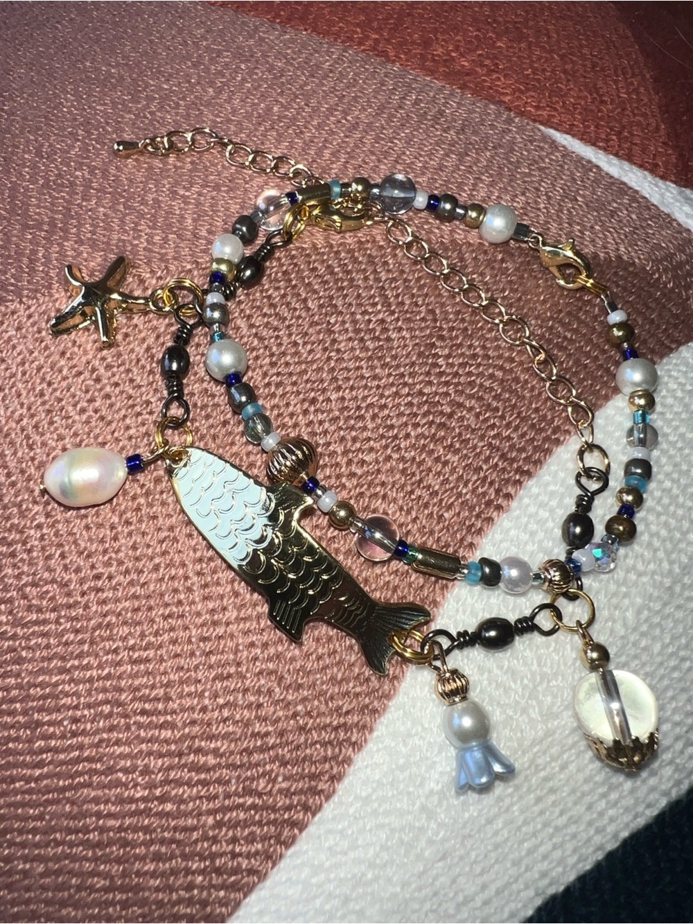 Gold Fish Charm Beaded Bracelet with Pearls and Accent Bracelet